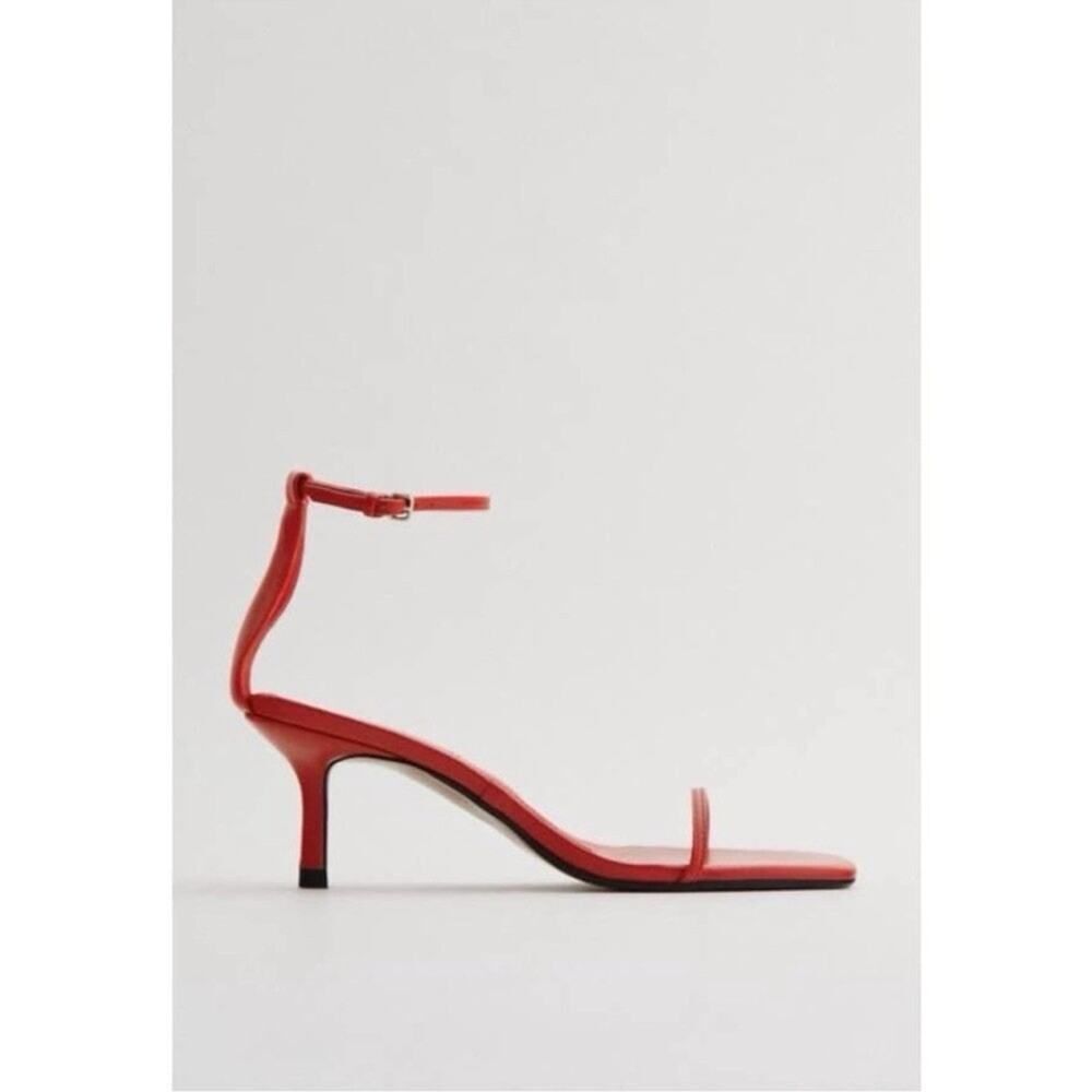 ZARA Red Leather Strappy Heels Square Toe Ankle Strap Sandals EU 42 US 11 - Picture 2 of 11